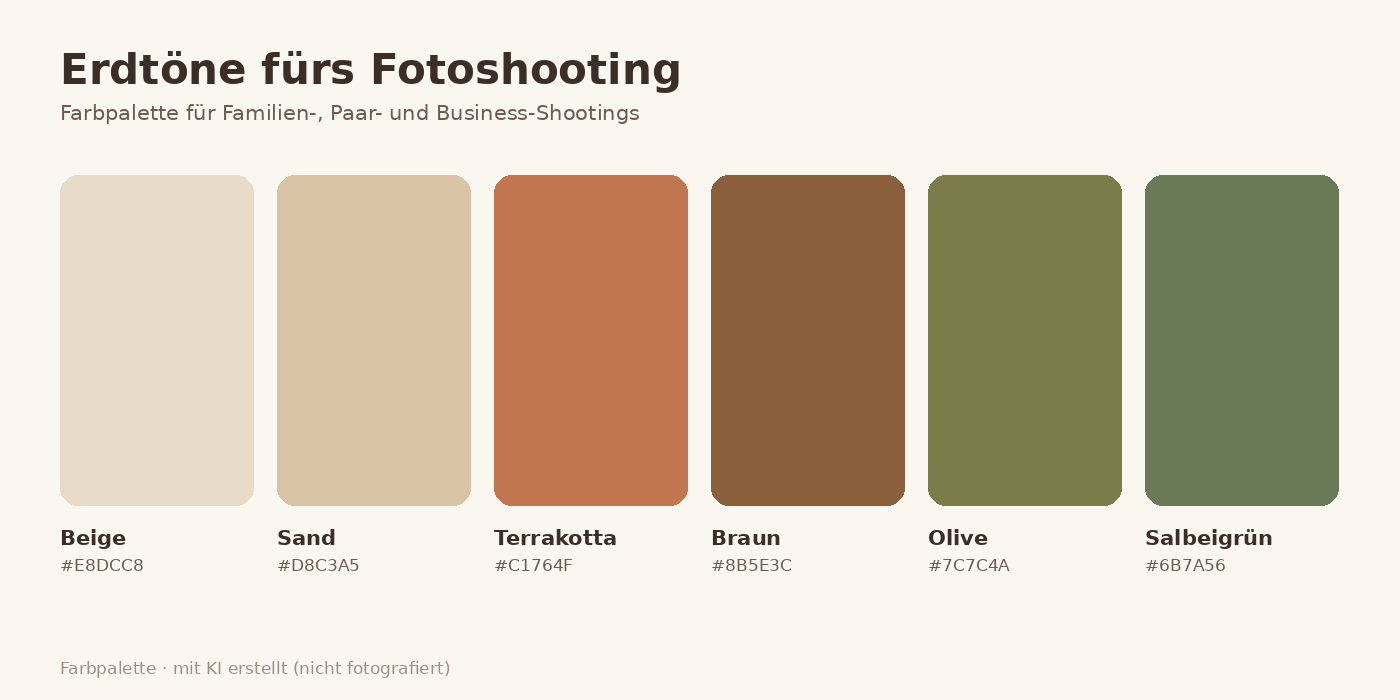 Erdtöne-Farbpalette fürs Fotoshooting (mit KI erstellt, nicht fotografiert)